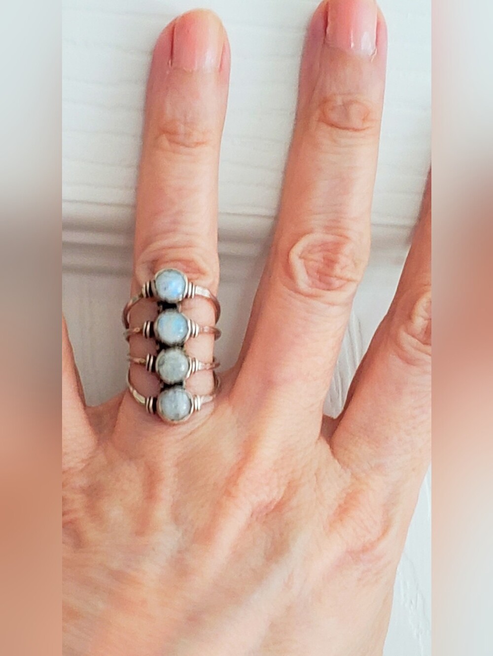 NEW Moonstone Sterling Ring, Size 6, Four Flashing Natural Moonstones Set In 925